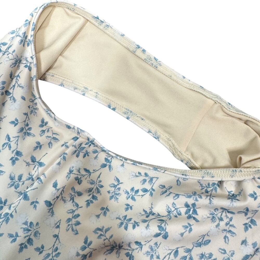 Peony Renaissance Ruffle One Piece Swimsuit AU8 S Blue Cream Floral Print Cutout - Picture 7 of 10